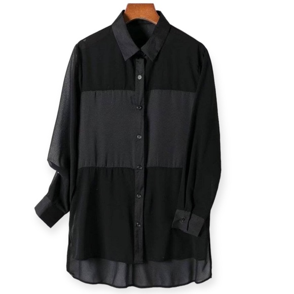 ZARA Sheer Satin Block Cutout Black Button Down Blouse - Picture 4 of 14